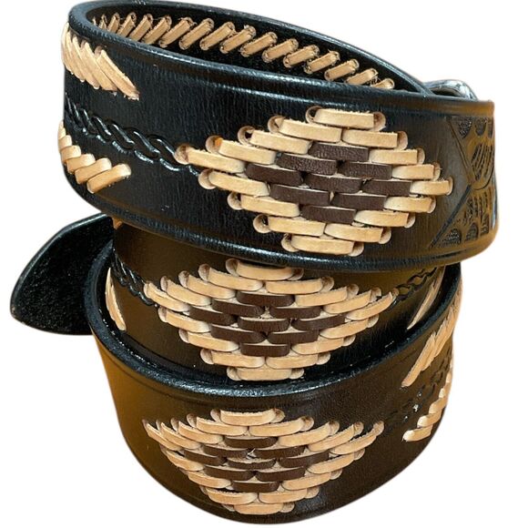 Black Leather Mens 36 Western Belt Tan Brown Stitching Southwest Rodeo Cowboy - Picture 2 of 7